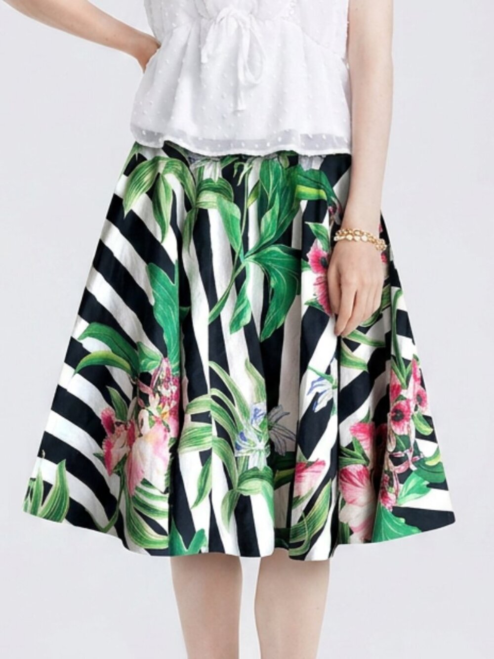 Georges Hobeika Cotton Black & White Stripes Floral Print A-Line Ruffled Skirt